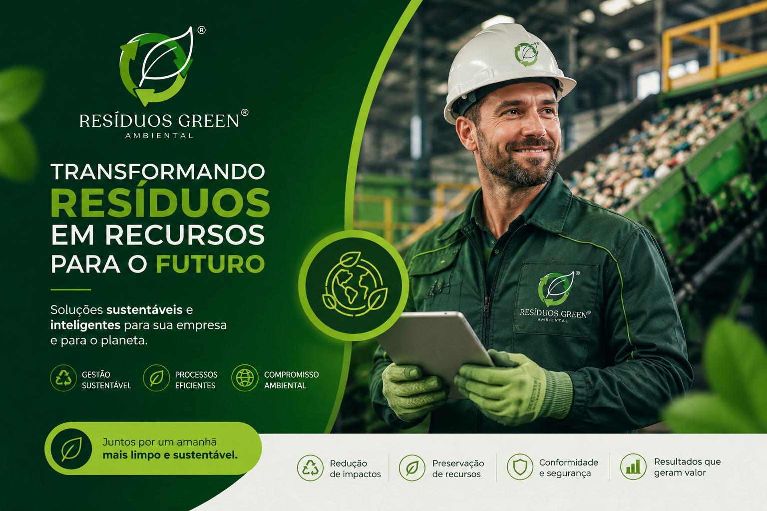 Material institucional Resíduos Green Ambiental com profissional em ambiente industrial